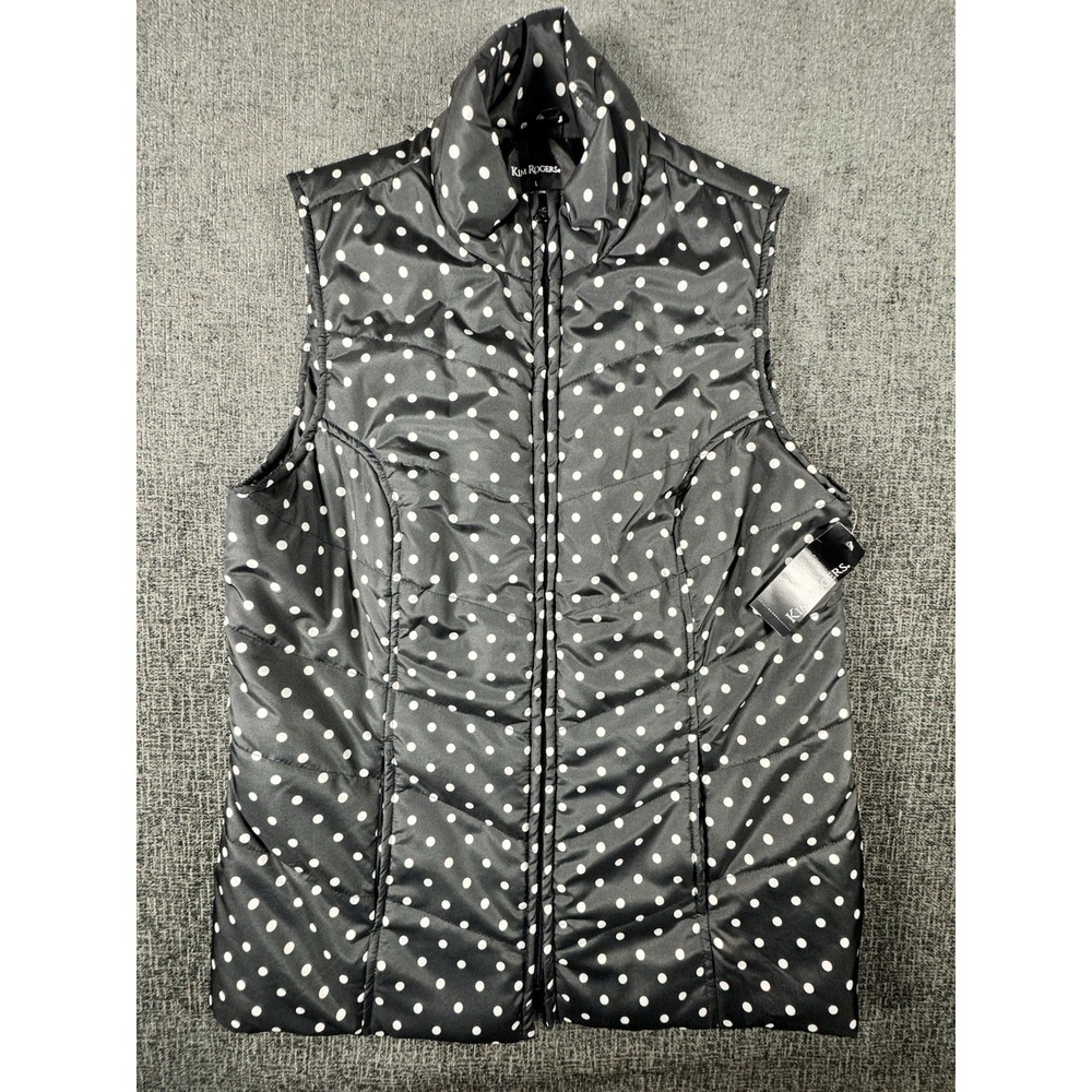 NWT Kim Rogers Petite Women's Black & White Polka Dots Vest Size L Full Zipper